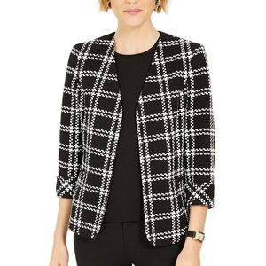 Kasper Women's 3/4-Sleeves Plaid Open-Front Jacket, Black/White, Size 12
